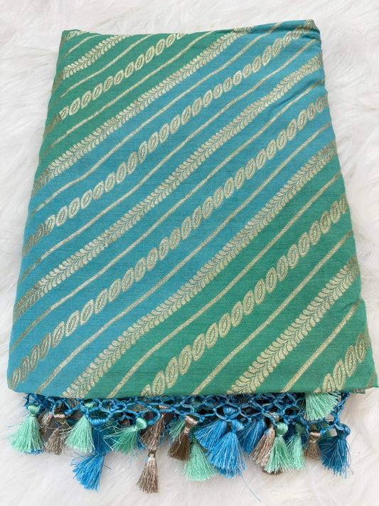 KHADDI MOONGA SILK STRIPE DESIGN DUPATTA WITH WATER ZARI – GREEN & FIROZI