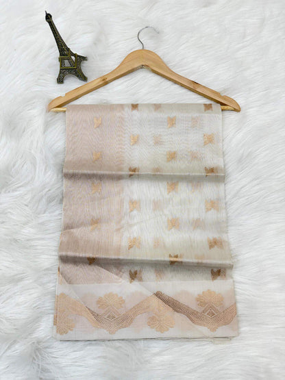 PURE KORA ORGANZA SILK DUPATTA – AADA STRIPE KADHUWA DESIGN WITH SONA RUPA ZARI PALLU (DYEABLE)