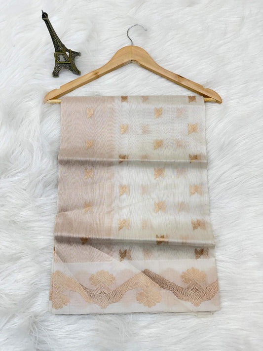 PURE KORA ORGANZA SILK DUPATTA – AADA STRIPE KADHUWA DESIGN WITH SONA RUPA ZARI PALLU (DYEABLE)