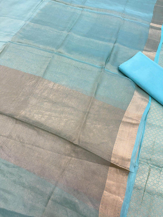 PURE CHIFFON TANCHOI UNSTITCHED SUIT SET WITH TISSUE DUPATTA – DUSTY FIROZI | FLOWER BOOTI DESIGN