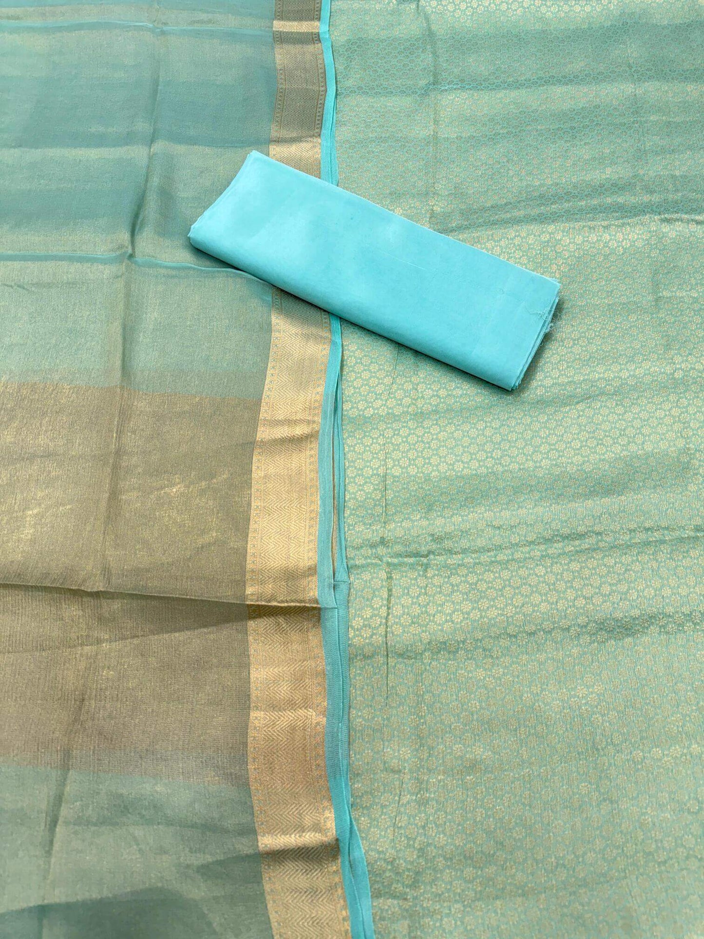 PURE CHIFFON TANCHOI UNSTITCHED SUIT SET WITH TISSUE DUPATTA – DUSTY SEA GREEN | FLOWER BOOTI DESIGN