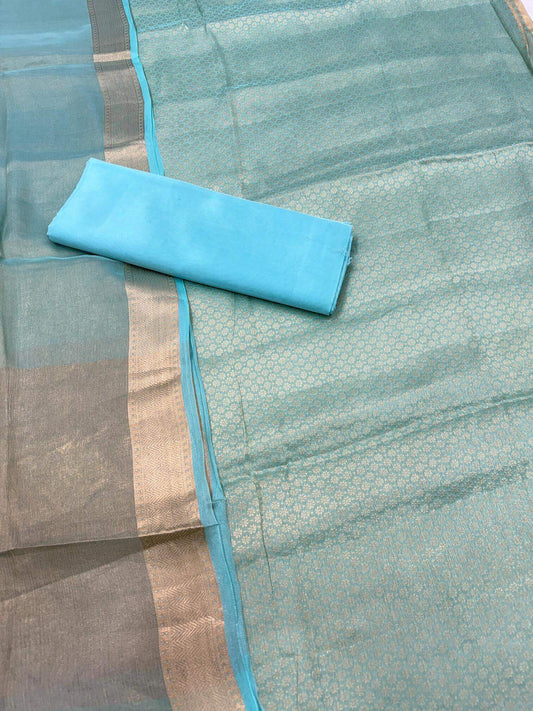 PURE CHIFFON TANCHOI UNSTITCHED SUIT SET WITH TISSUE DUPATTA – DUSTY SEA GREEN | FLOWER BOOTI DESIGN