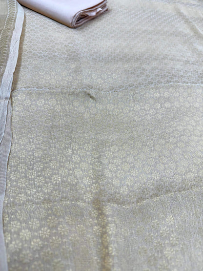 PURE CHIFFON TANCHOI UNSTITCHED SUIT SET WITH TISSUE DUPATTA – TASSAR GOLDEN | FLOWER BOOTI DESIGN