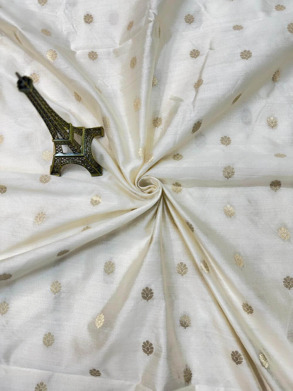 PURE CHINIYA SILK FABRIC – CREAM IVORY (CUTWORK BOOTI, RESHAMI ZARI WEAVE, DYEABLE, PER METER)