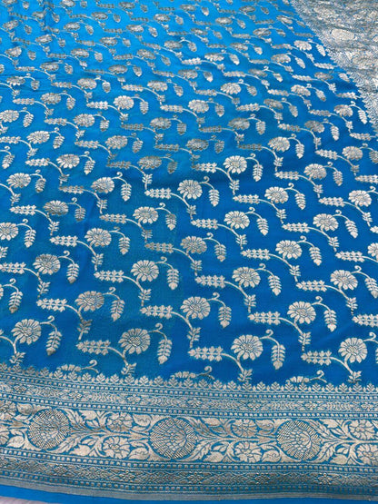 KHADDI GEORGETTE CHIFFON SILK HANDLOOM SAREE – LIGHT FIROZI (ALL OVER JAAL, HANDWOVEN)