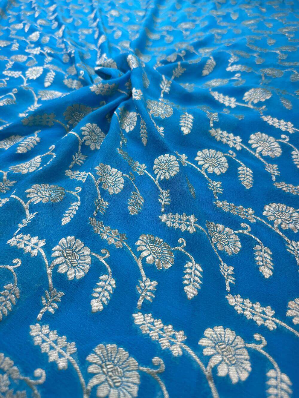 KHADDI GEORGETTE CHIFFON SILK HANDLOOM SAREE – LIGHT FIROZI (ALL OVER JAAL, HANDWOVEN)