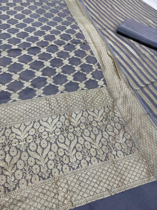 PURE KHADDI GEORGETTE UNSTITCHED SUIT SET – SAPPHIRE GREEN | BANDHEJ & MARWADI STRIPE