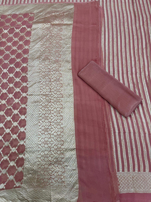 PURE KHADDI GEORGETTE UNSTITCHED SUIT SET – CHIKOO MOUSE | BANDHEJ & MARWADI STRIPE DESIGN