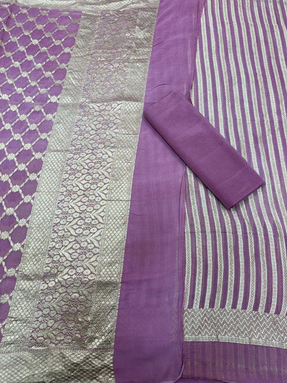 PURE KHADDI GEORGETTE UNSTITCHED SUIT SET – PINK | BANDHEJ & MARWADI STRIPE DESIGN