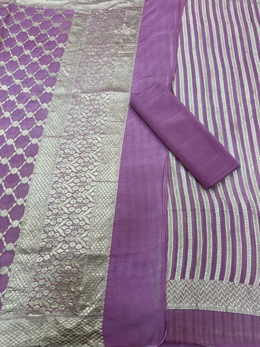 PURE KHADDI GEORGETTE UNSTITCHED SUIT SET – PINK | BANDHEJ & MARWADI STRIPE DESIGN