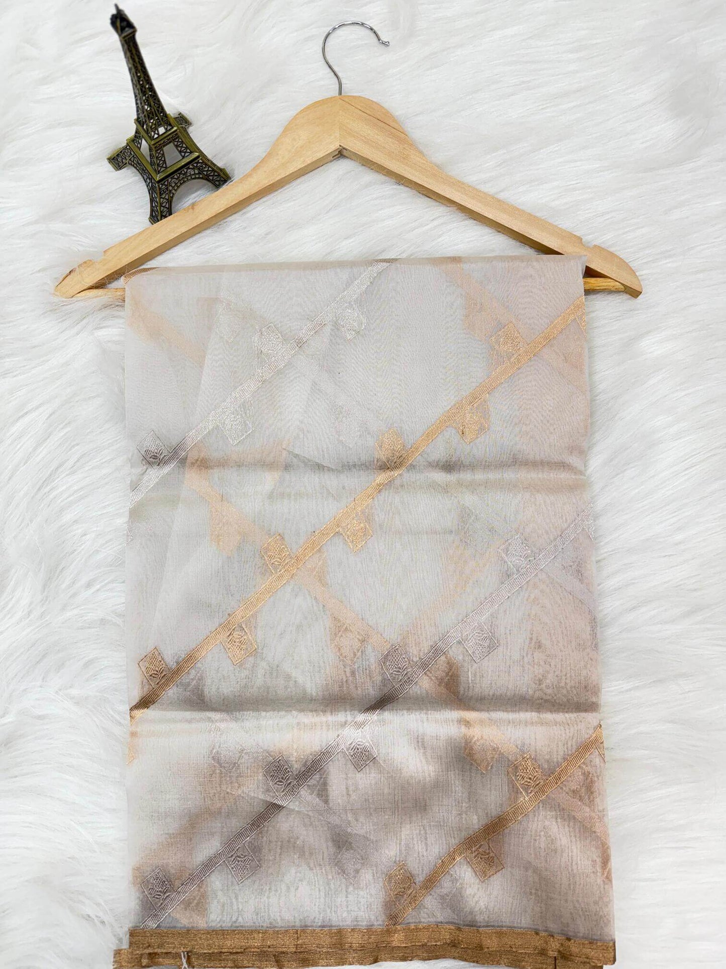 PURE KORA ORGANZA SILK DUPATTA – DESIGN 2 (AADA STRIPE KADHUWA, SONA RUPA ZARI, DYEABLE)