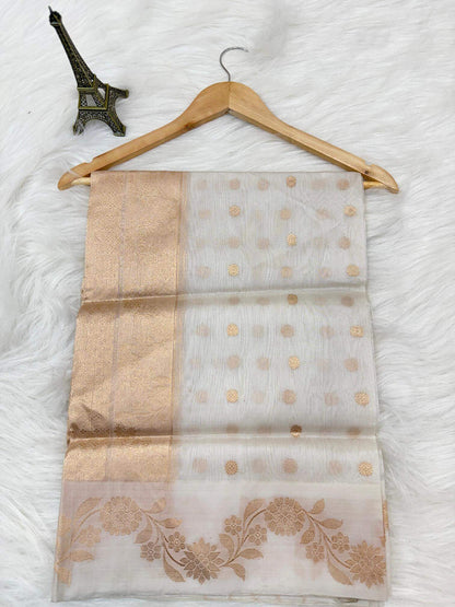 PURE KORA ORGANZA SILK DUPATTA – DESIGN 4 (AADA STRIPE KADHUWA, SONA RUPA ZARI, DYEABLE)