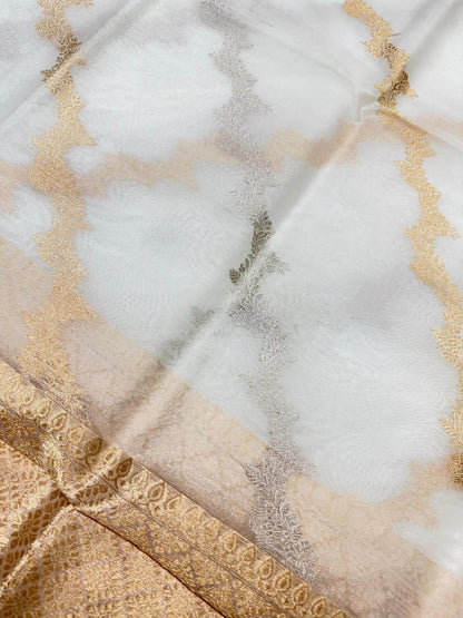 PURE KORA ORGANZA SILK DUPATTA – DESIGN 5 (AADA STRIPE KADHUWA, SONA RUPA ZARI, DYEABLE)