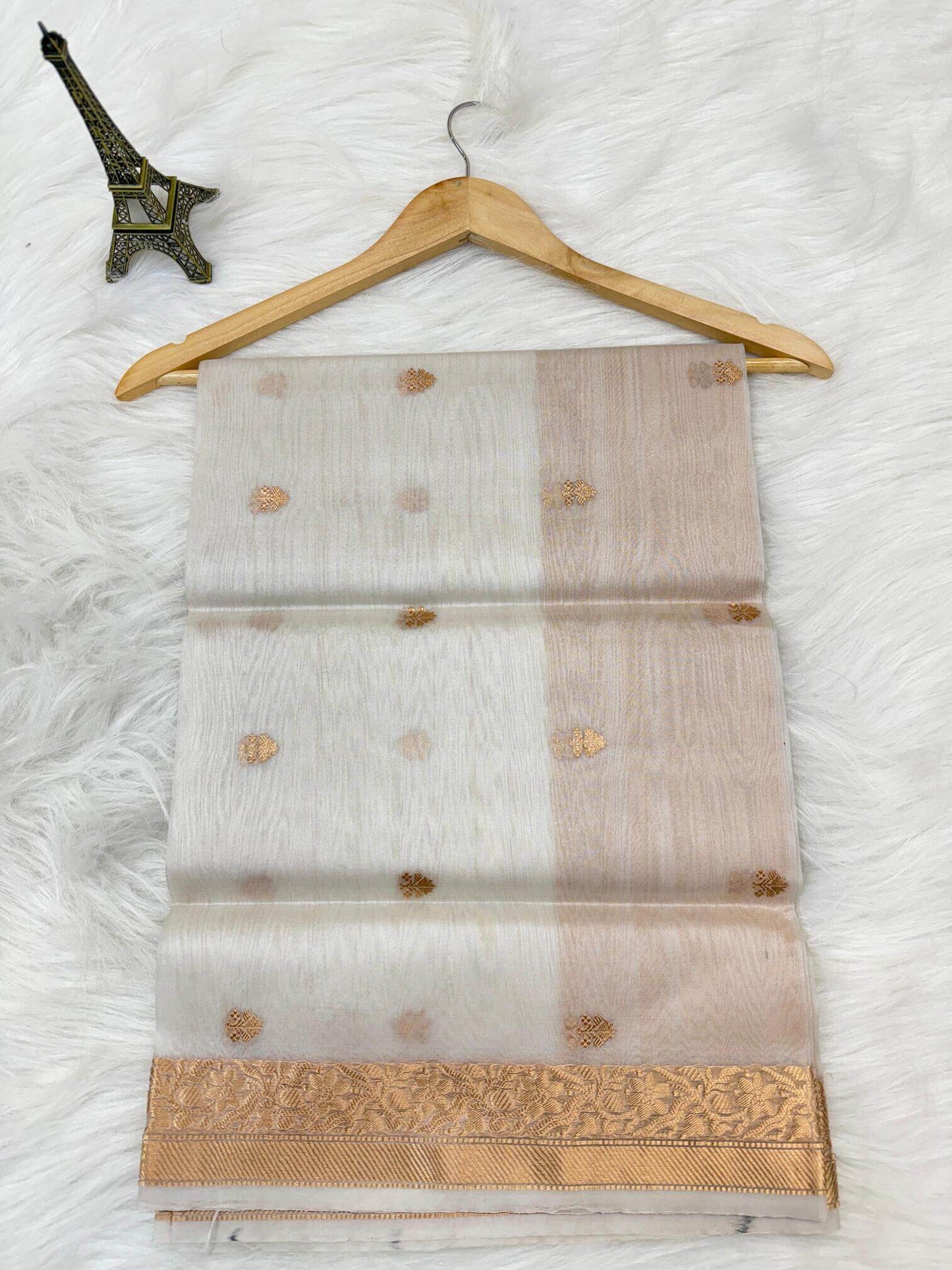 PURE KORA ORGANZA SILK DUPATTA – DESIGN 3 (AADA STRIPE KADHUWA, SONA RUPA ZARI, DYEABLE)