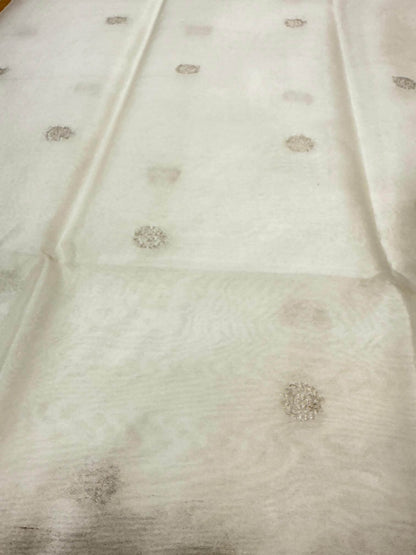 PURE KORA ORGANZA SILK DUPATTA – DESIGN 10 (AADA STRIPE KADHUWA, SILVER RUPA ZARI, DYEABLE)