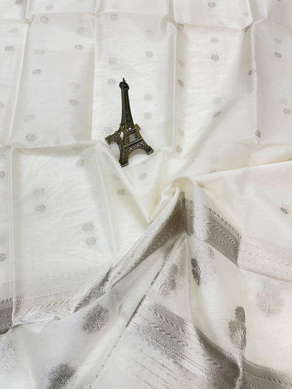 PURE KORA ORGANZA SILK DUPATTA – DESIGN 10 (AADA STRIPE KADHUWA, SILVER RUPA ZARI, DYEABLE)