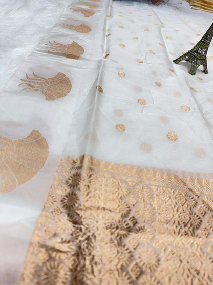 PURE KORA ORGANZA SILK DUPATTA – DESIGN 6 (AADA STRIPE KADHUWA, SONA RUPA ZARI, DYEABLE)
