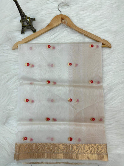 PURE KORA ORGANZA SILK DUPATTA – DESIGN 9 (AADA STRIPE KADHUWA, SONA RUPA ZARI, DYEABLE)