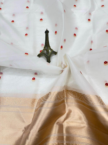 PURE KORA ORGANZA SILK DUPATTA – DESIGN 9 (AADA STRIPE KADHUWA, SONA RUPA ZARI, DYEABLE)