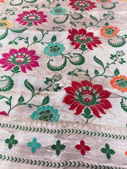 PURE TUSSAR KHADDI GEORGETTE SAREE – TUSSAR (DYEABLE, MULTICOLOR MEENAKARI JAAL, KADHUWA REAL ZARI)