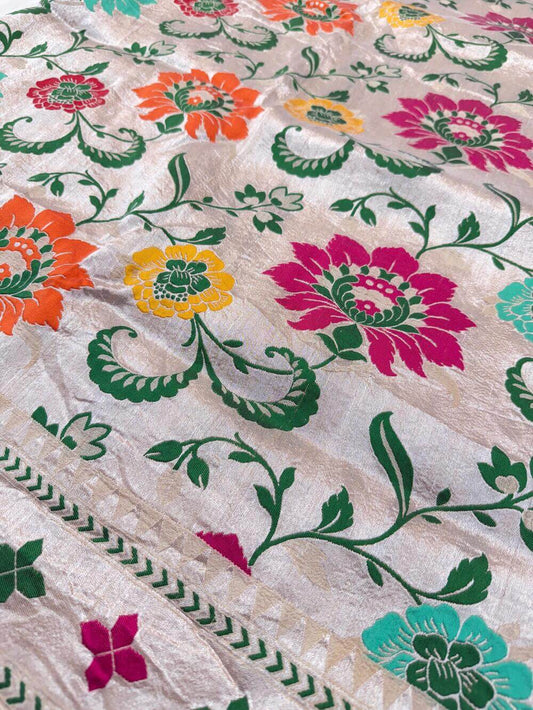 PURE TUSSAR KHADDI GEORGETTE SAREE – TUSSAR (DYEABLE, MULTICOLOR MEENAKARI JAAL, KADHUWA REAL ZARI)