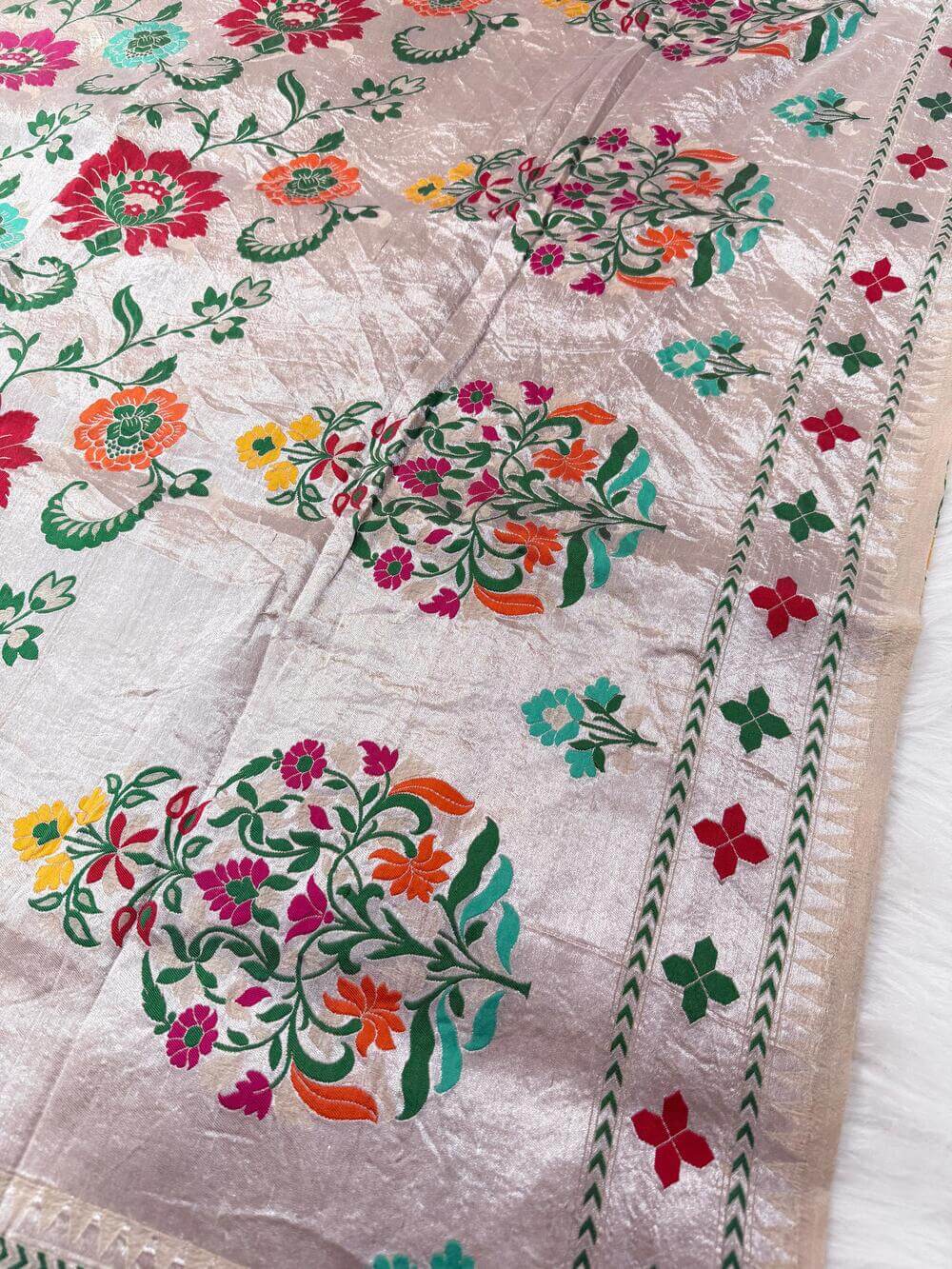 PURE TUSSAR KHADDI GEORGETTE SAREE – TUSSAR (DYEABLE, MULTICOLOR MEENAKARI JAAL, KADHUWA REAL ZARI)