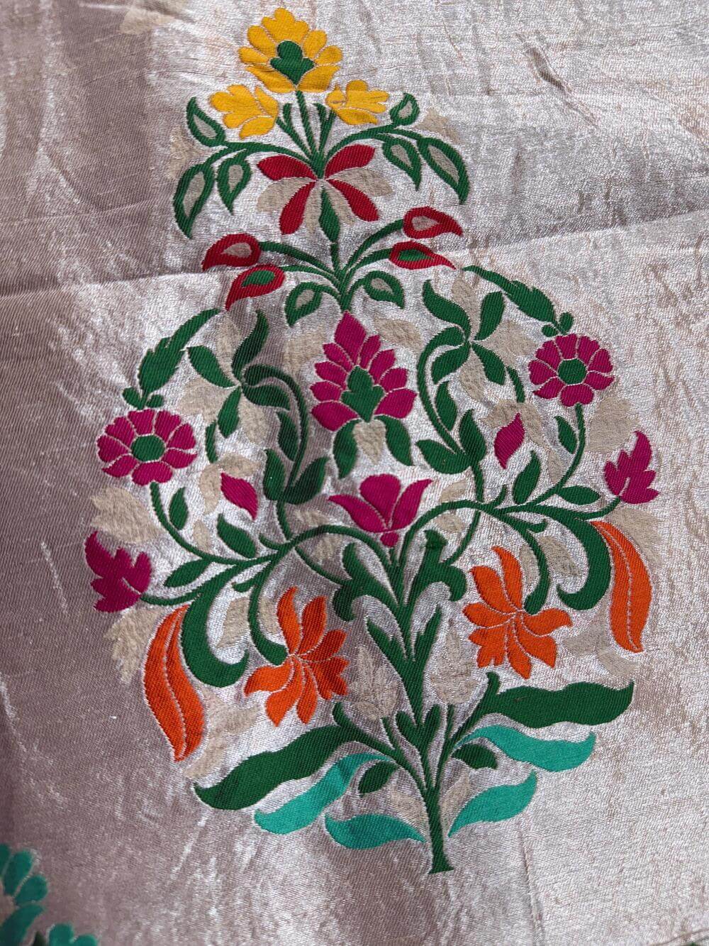 PURE TUSSAR KHADDI GEORGETTE SAREE – TUSSAR (DYEABLE, MULTICOLOR MEENAKARI JAAL, KADHUWA REAL ZARI)