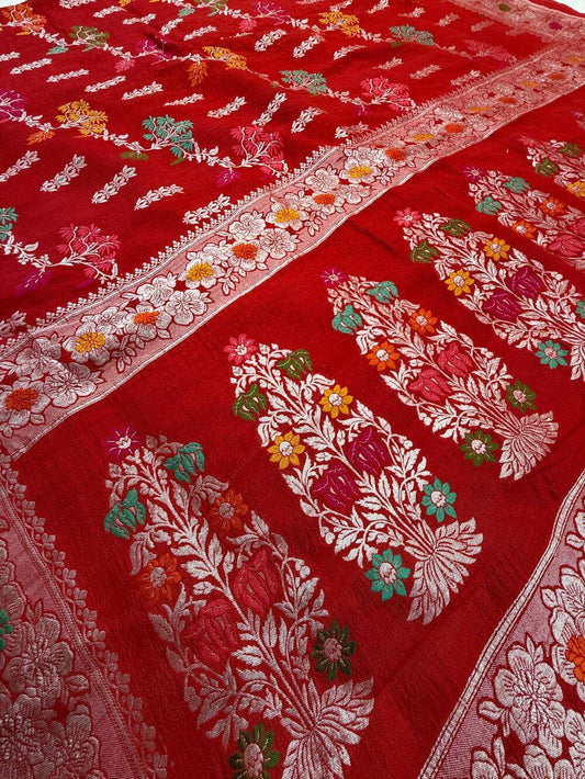 PURE TUSSAR KHADDI GEORGETTE SAREE – RED (KADHUWA REAL ZARI, BOOTA & JAAL DESIGN)