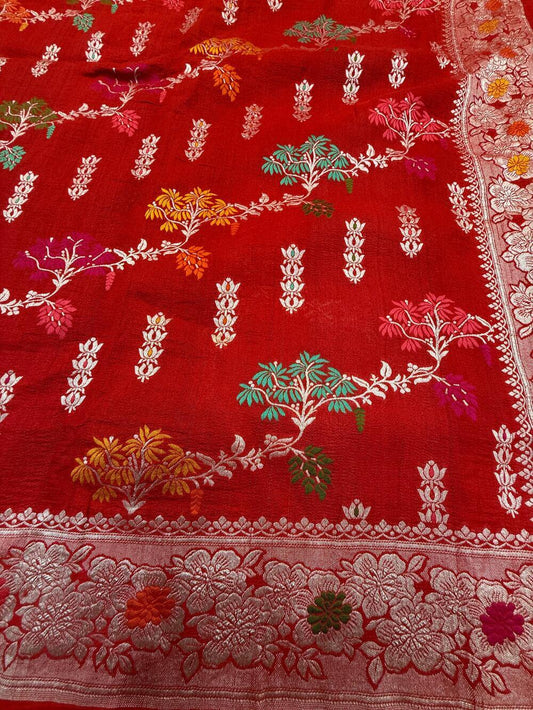 PURE TUSSAR KHADDI GEORGETTE SAREE – RED (KADHUWA REAL ZARI, BOOTA & JAAL DESIGN)
