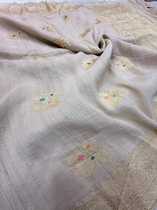 PURE TUSSAR KHADDI GEORGETTE SAREE – TUSSAR (DYEABLE, KADHUWA REAL ZARI, BOOTA DESIGN)