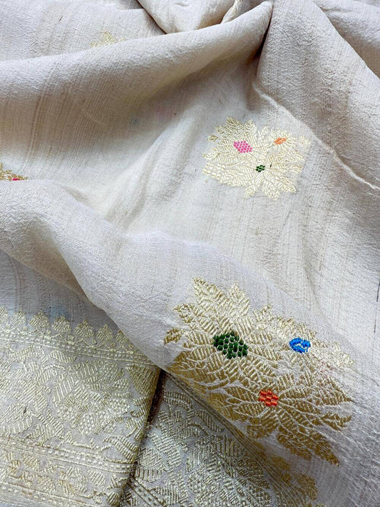 PURE TUSSAR KHADDI GEORGETTE SAREE – TUSSAR (DYEABLE, KADHUWA REAL ZARI, BOOTA DESIGN)