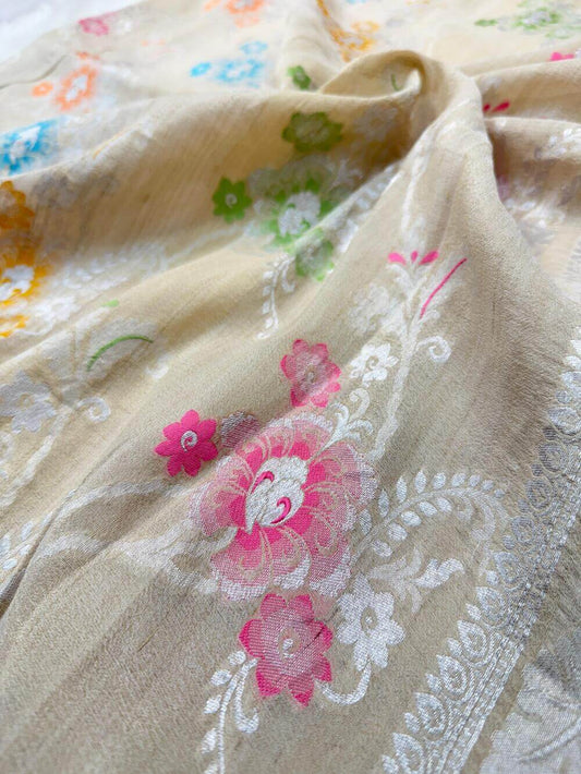 PURE TUSSAR GEORGETTE KHADDI SAREE – TUSSAR (KADHUWA REAL ZARI, DYEABLE, BOOTA & JAAL DESIGN)