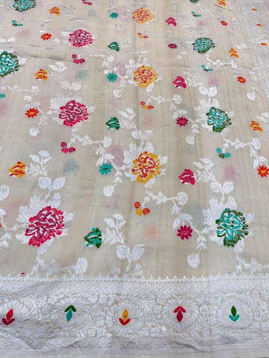 PURE TUSSAR KHADDI GEORGETTE SAREE – TUSSAR (KADHUWA REAL ZARI, DYEABLE, BOOTA & JAAL DESIGN)