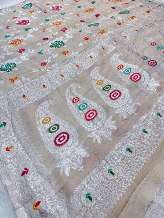 PURE TUSSAR KHADDI GEORGETTE SAREE – TUSSAR (KADHUWA REAL ZARI, DYEABLE, BOOTA & JAAL DESIGN)