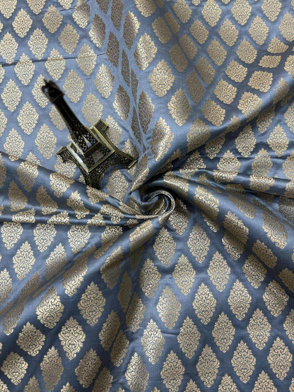 SATIN BROCADE BOOTA FABRIC – GRAY (ZARI SILK WEAVE, PER METER)