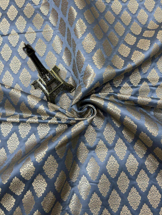 SATIN BROCADE BOOTA FABRIC – GRAY (ZARI SILK WEAVE, PER METER)