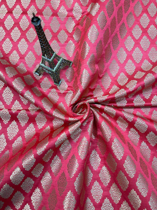 SATIN BROCADE BOOTA FABRIC – STRAWBERRY (ZARI SILK WEAVE, PER METER)