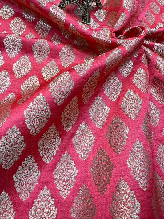 SATIN BROCADE BOOTA FABRIC – STRAWBERRY (ZARI SILK WEAVE, PER METER)