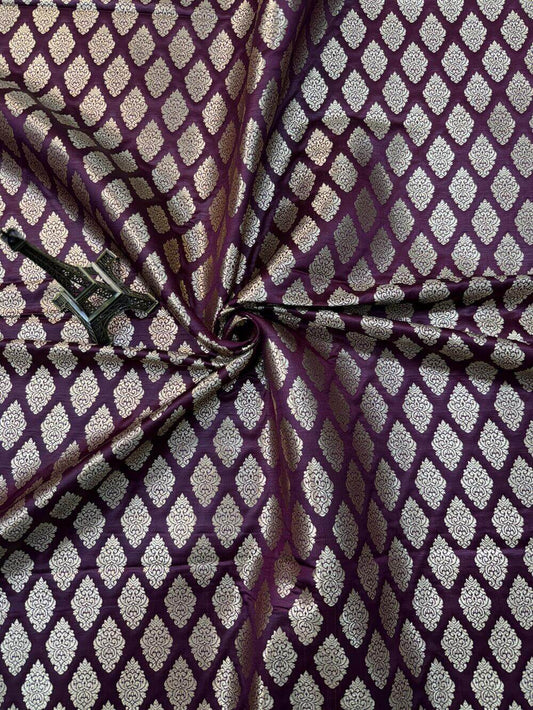 SATIN BROCADE BOOTA FABRIC – WINE (ZARI SILK WEAVE, PER METER)