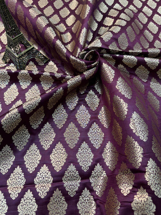 SATIN BROCADE BOOTA FABRIC – WINE (ZARI SILK WEAVE, PER METER)