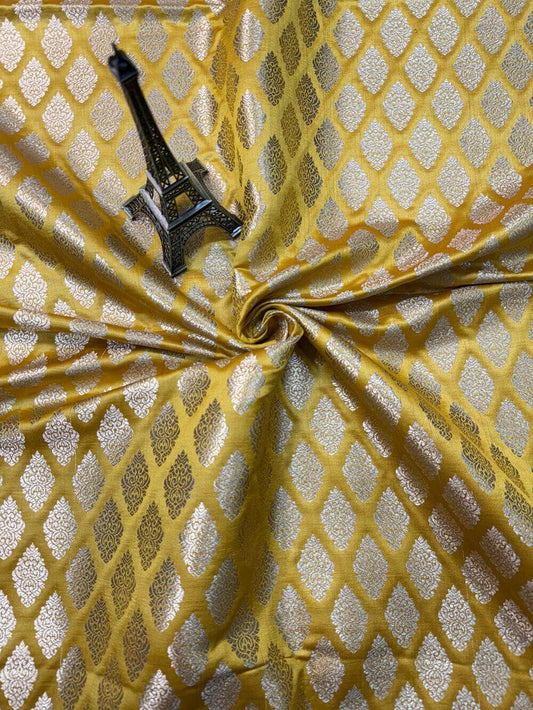 SATIN BROCADE BOOTA FABRIC – YELLOW GOLD HALDI (ZARI SILK WEAVE, PER METER)