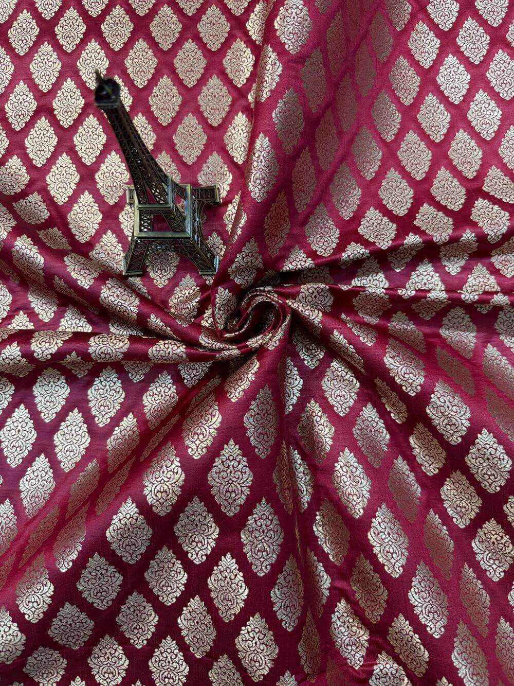 SATIN BROCADE BOOTA FABRIC – MAROON (ZARI SILK WEAVE, PER METER)