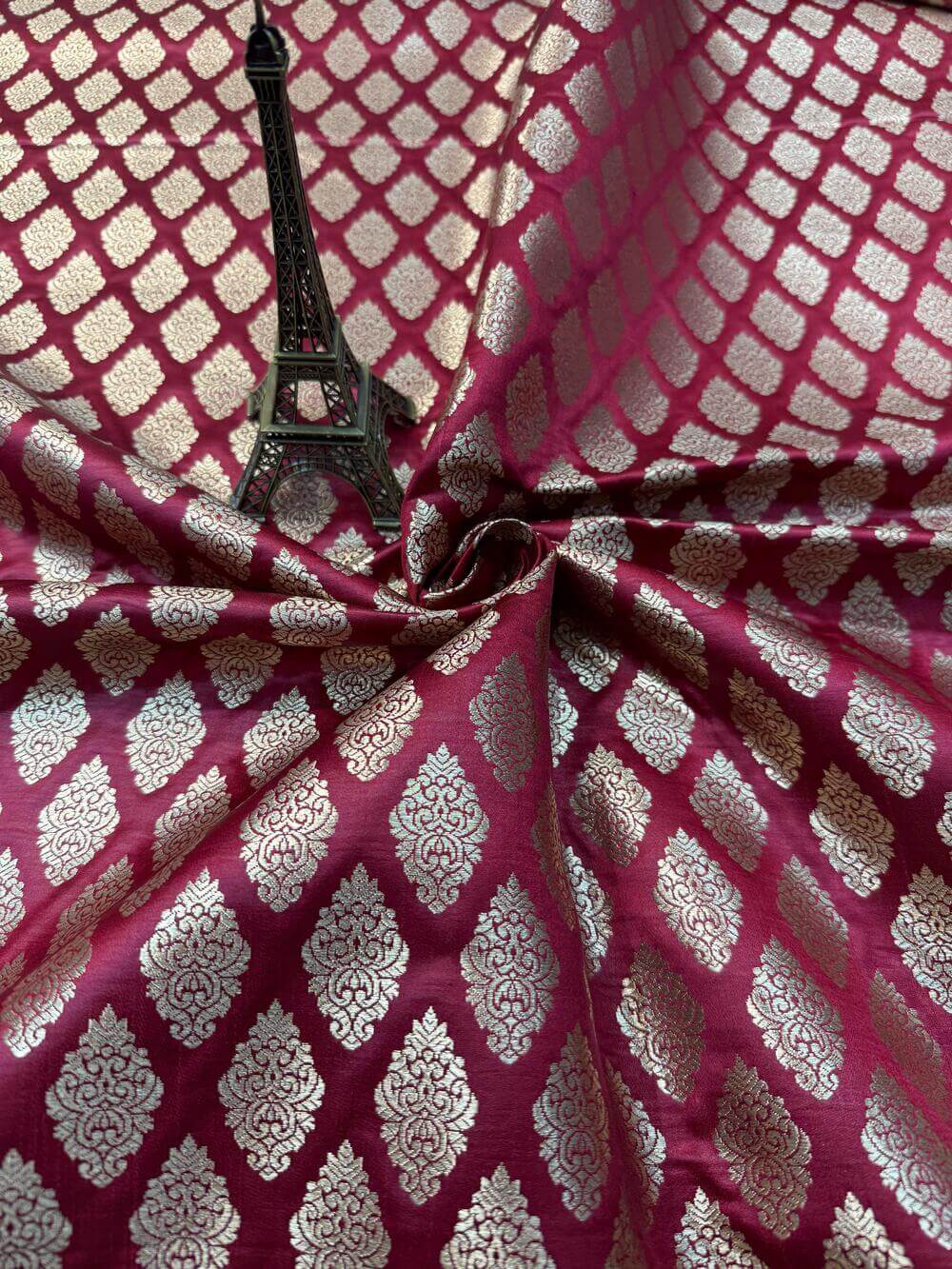 SATIN BROCADE BOOTA FABRIC – MAROON (ZARI SILK WEAVE, PER METER)