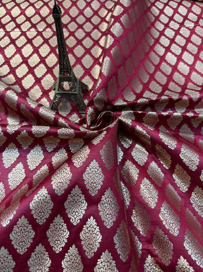 SATIN BROCADE BOOTA FABRIC – MAROON (ZARI SILK WEAVE, PER METER)