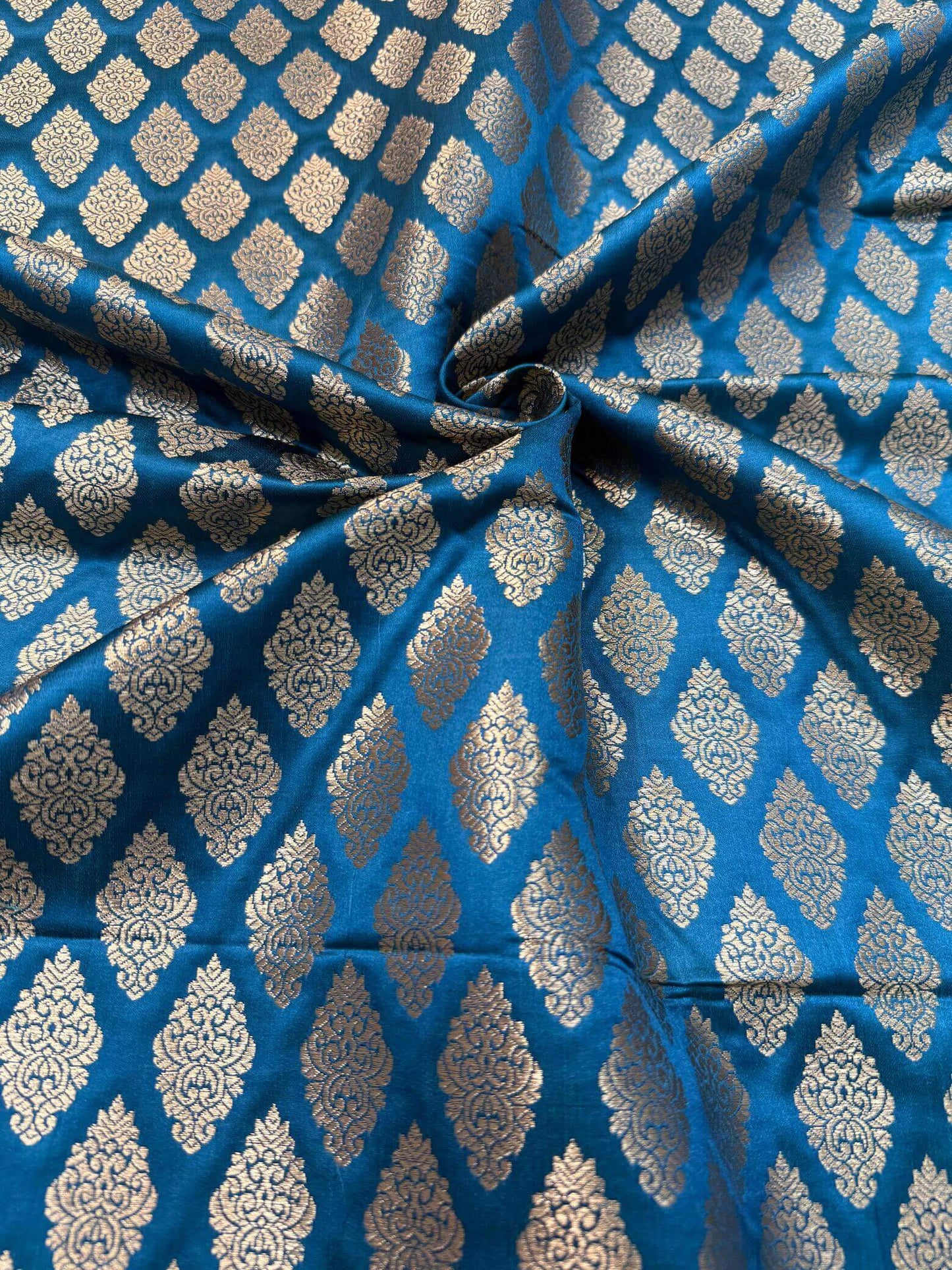 SATIN BROCADE BOOTA FABRIC – DARK FIROZI (ZARI SILK WEAVE, PER METER)