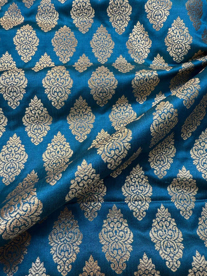 SATIN BROCADE BOOTA FABRIC – DARK FIROZI (ZARI SILK WEAVE, PER METER)