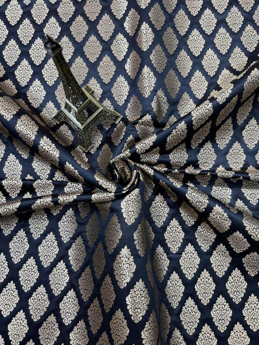 SATIN BROCADE BOOTA FABRIC – BLACK (ZARI SILK WEAVE, PER METER)