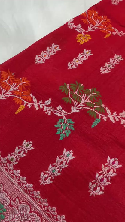PURE TUSSAR KHADDI GEORGETTE SAREE – RED (KADHUWA REAL ZARI, BOOTA & JAAL DESIGN)