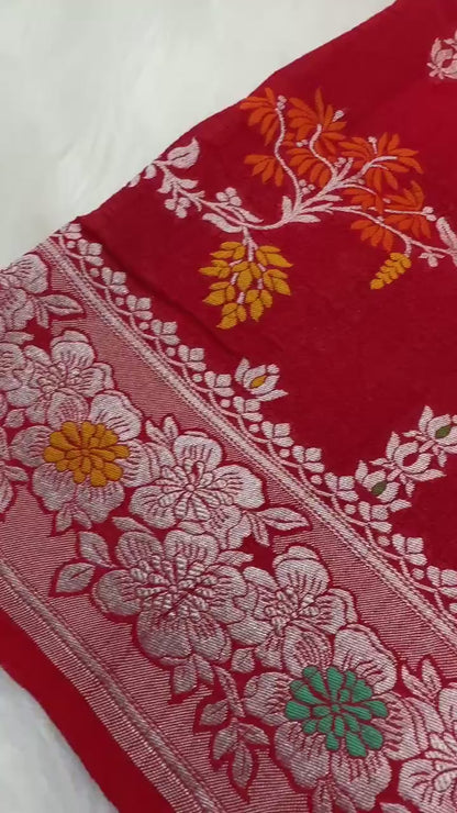 PURE TUSSAR KHADDI GEORGETTE SAREE – RED (KADHUWA REAL ZARI, BOOTA & JAAL DESIGN)
