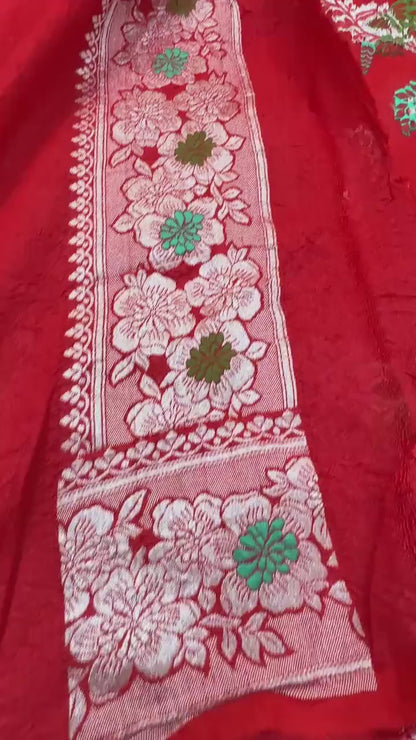 PURE TUSSAR KHADDI GEORGETTE SAREE – RED (KADHUWA REAL ZARI, BOOTA & JAAL DESIGN)